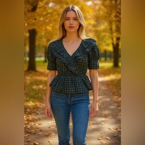 🍂S’edge Apparel Ruffle Peplum Plaid Blouse Size S NWT